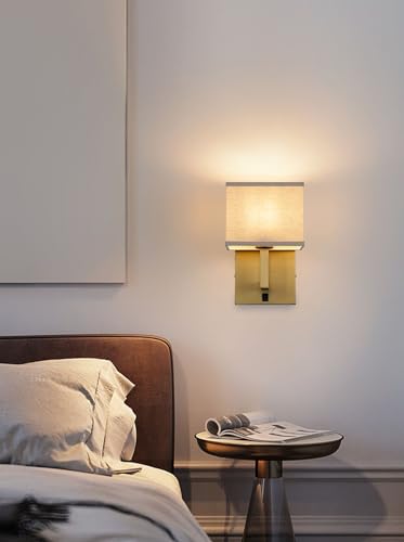 Antique Boho Linen Brass Wall Sconce Set of 2 - On Off Switch Vintage Fabric Light