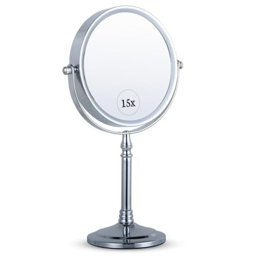 MIRRORVANA 15X Magnifying Makeup Mirror with Stand - Double-Sided 15X/1X Design - Suitable for Vanity Desk, Dressing Table, or Bathroom Countertop for Precise Make Up - 12" High x 6" Wide (Chrome)