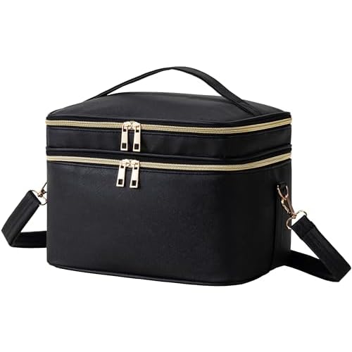 HBlife Extra Large Double Layer Travel Makeup Bag Portable Leather Cosmetic Bag Make Up Bag Makeup Case Organizer Toiletry Bag for Women Girls with Handle, Removable Divider and Shoulder Strap (Black)