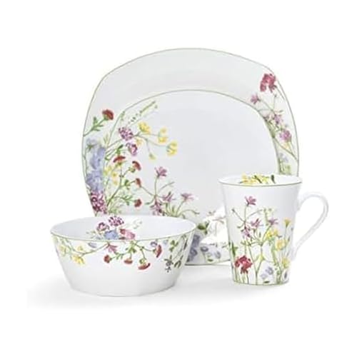 Mikasa Wildflower Garden 16-Piece Bone China Dinnerware Set for 4 - Floral Square Plates & Mugs