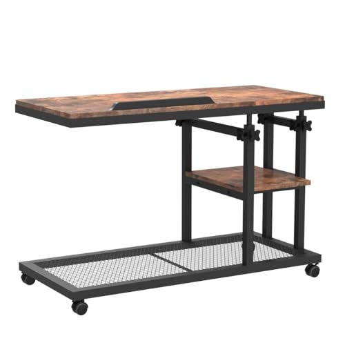 Height Adjustable C-Shaped Snack Side Table with Wheels - Rustic Brown