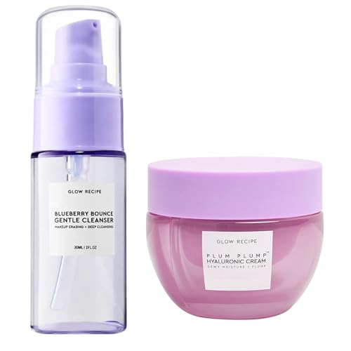 Glow Recipe Blueberry Bounce Gentle Face Cleanser - Moisturizing Makeup Remover & Foaming Face Wash (30 ml) + Plum Plump Hyaluronic Acid Face Cream for Dry Skin (20 ml)