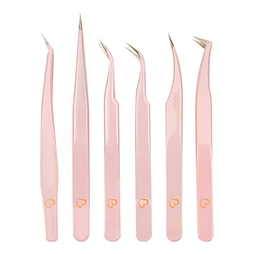 Okuna Outpost Precision Lash Tweezers Set - Stainless Steel Tools for Eyelash Extension Kit - Travel Pouch & Tweezers for Lash Extensions with Case - 6pc Light Pink