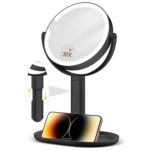 Makeup Mirror with Lights, 30X Magnifying & Height Adjustable, Lighted Magnifying Mirror with 3 Light Modes and Stepless Dimming, Vanity Mirrors for Bathroom, Birthday Gift for Women, Black