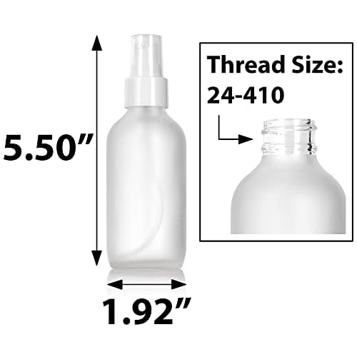 JUVITUS 4 oz / 120 ml Frosted Clear Glass Boston Round Bottle with White Treatment Pump BPA Free Refillable Empty Storage Containers (12 Pack) + Travel Foamer