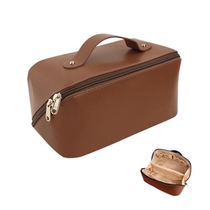 Large Capacity Waterproof Travel Cosmetic Bag - PU Leather - Brown Light