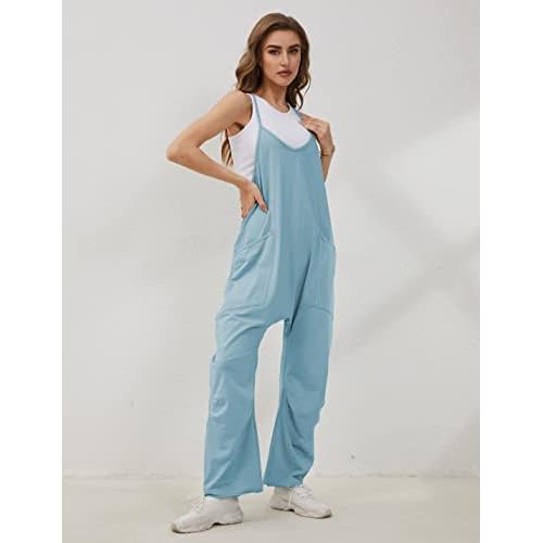 Lentta Women's Causal Jumpsuits V Neck Sleeveless Harem Overalls Stretchy Adjustable Strap Romper with Pockets