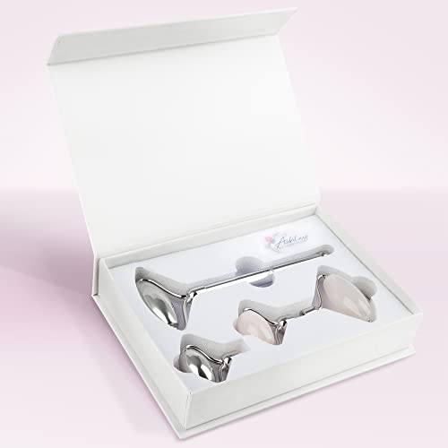 Stainless Steel Ice Roller & Rose Quartz Facial Set | Luxury Skin Care Tools for Lymphatic Drainage, Product Absorption, Skin Tightening, & Relaxation