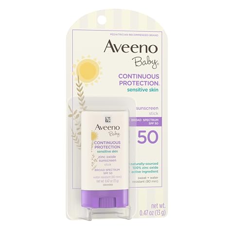Aveeno Baby Continuous Protection Mineral Sunscreen Stick for Sensitive Skin with Broad Spectrum SPF 50 Protection for Face & Body, Naturally Sourced 100% Zinc Oxide, Travel Size, 0.47 oz