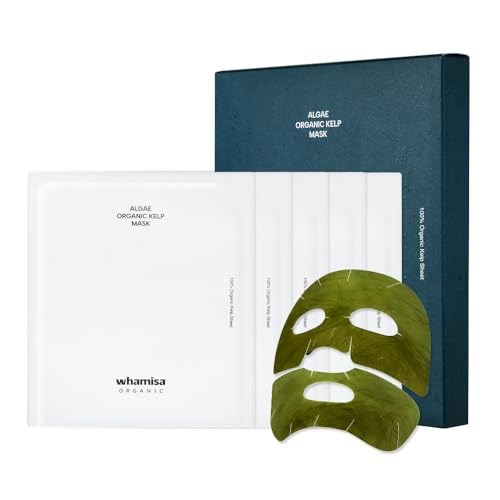 Whamisa Organic Algae Kelp Facial Sheet Mask, De-Puffing, Deep Hydration, Calming, Moisturizing, Fermentation, Korean Skin Care (5 PCS/Pack)