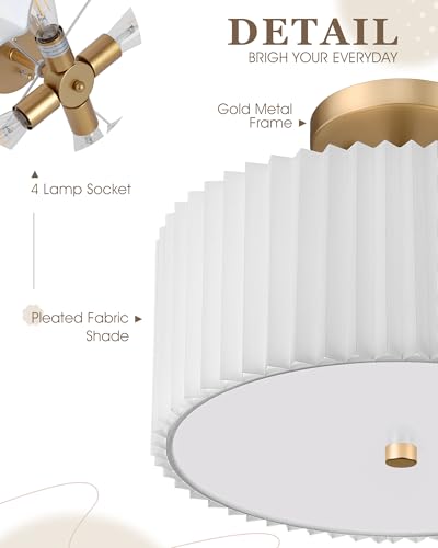 18-Inch Gold Semi Flush Mount Ceiling Light with Pleated Fabric Shade - Audickic
