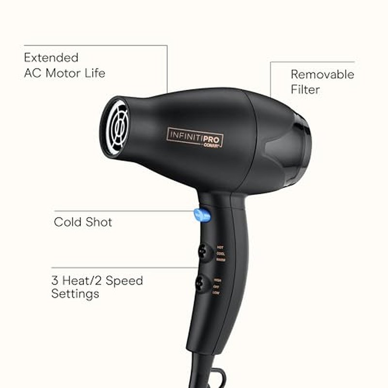 INFINITI PRO CONAIR Travel Hair Dryer, 1600W Mighty Mini Compact Blow Dryer with Concentrator Attachment, Lightweight Professional AC Motor for Fast Drying, 3 Heat & 2 Speed Settings, Black