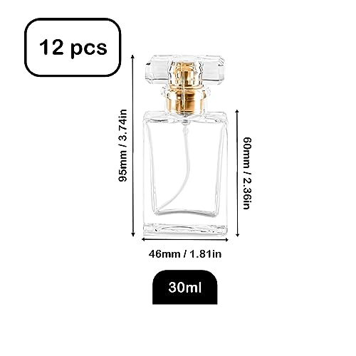 Glass Perfume Bottle Empty Refillable 12Pack Clear Travel Perfume Spray Atomizer Bottle 30ml Perfume Fine Mist Spray Perfume Bottle Atomizer Container with Sprayer Applicator (Clear Square 30ml 12PCS)
