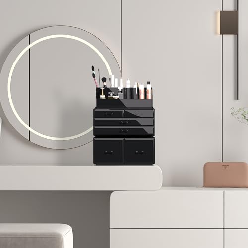 Makeup Organizer 3 Pieces with 6 Drawers - Black, 3 Layer Cosmetic Storage