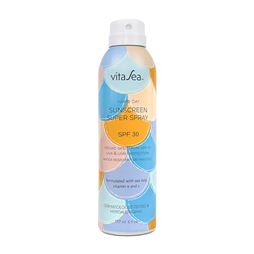 Noodle & Boo VitaSea Happy Day Adult & Kids Sunscreen Super Spray SPF 30 / SPF 50 for Face and Body, Broad Spectrum UVA & UVB Protection, Water Resistant Formula with Sea Kelp, Vitamin E & C, 6 Fl Oz.