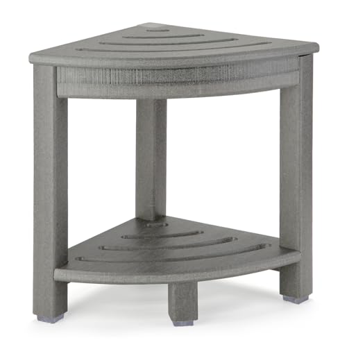 Apolimi Grey HDPE Corner Shower Stool with Storage Shelf, Non-Slip Bath Seat