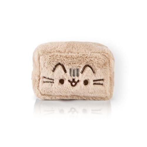 Pusheen Womens Fluffy Makeup Bag | Ladies All Over Fur with Embroidered Logo in Tan | Classic Logo Zip Cosmetic Storage Bag