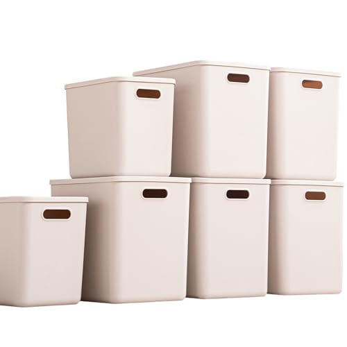 GUMEIGODA 7-Piece Storage Bins with Lids, 5XL + 2L Grey plastic organizers
