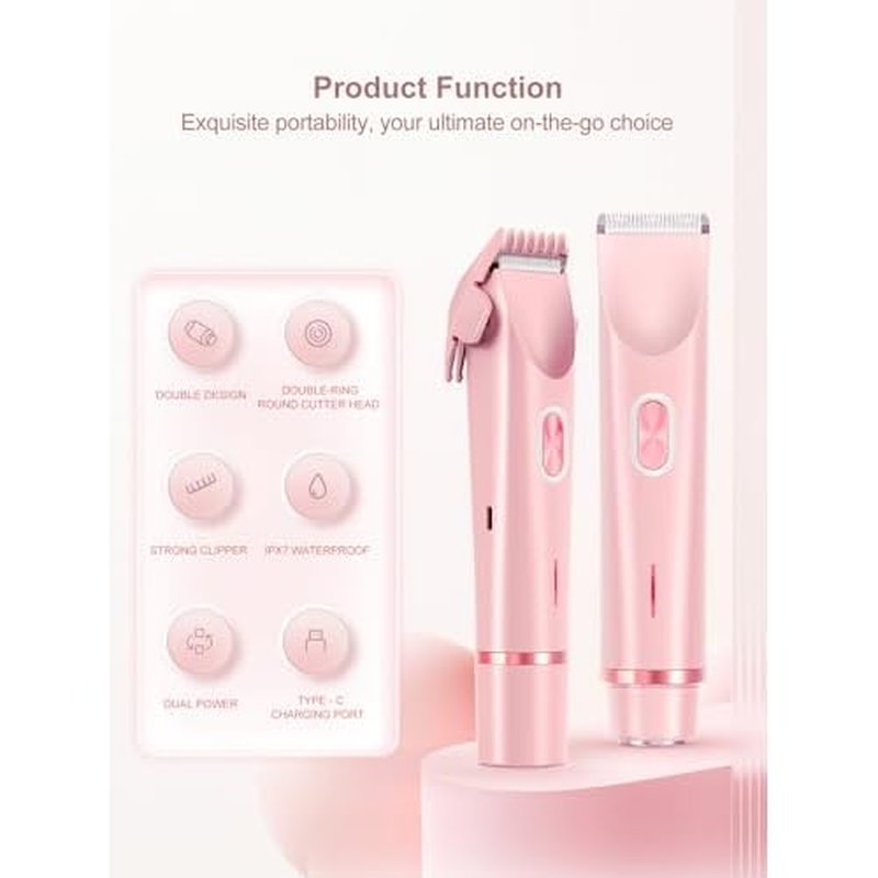 2 in 1 Bikini Trimmer for Women Dual Head Shaver Electric Razors Lady Pubic Hair, Ipx7 Waterproof Bikini Underarm Arm Leg Face Body Pink