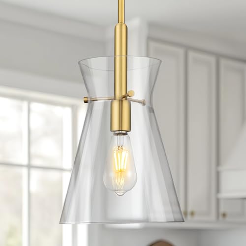 EMAK 9-Inch Modern Pendant Light with Clear Glass Shade - Brushed Gold, Adjustable Height, Kitchen Island Lighting - Variation of Brushed Gold / 1