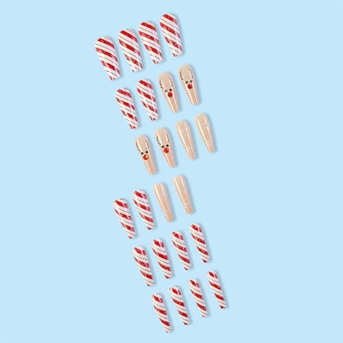 Christmas Press on Nails Long Coffin Fake Nails Red White Swirl with Snowflake Elk Design Glue on Nails Rhinestones Glitter Full Cover Artificial Acrylic Stick on False Nails for Women Manicure 24Pcs