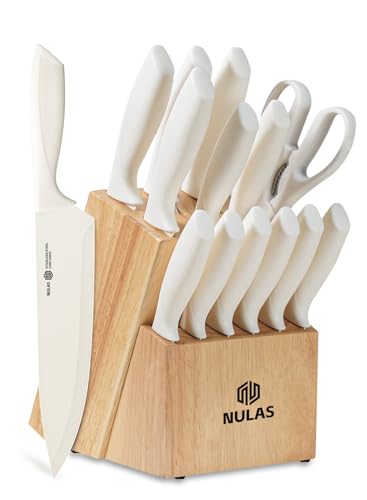 Cream 15-Piece Kitchen Knife Set with Block and Built-In Sharpener - Ergonomic & Rust-Resistant