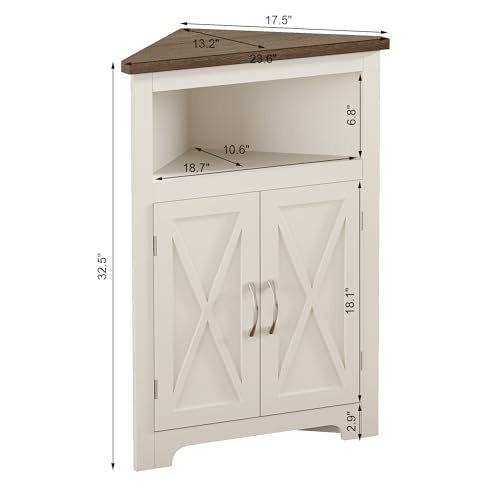 Corner Storage Cabinet with Barn Door Design - Soft White & Brown