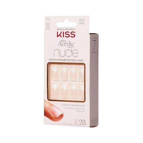 KISS Acrylic Nude French Fake Nail Tips - Medium Length, Pack of 28, 3 Count