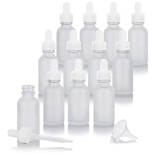JUVITUS 1 oz / 30 ml Frosted Clear Glass Boston Round Empty Bottle with White Dropper Top Closure (12 Pack)