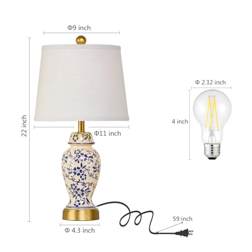 Modern Chinoiserie Ceramic Bedside Table Lamps Set of 2 - Blue Pattern