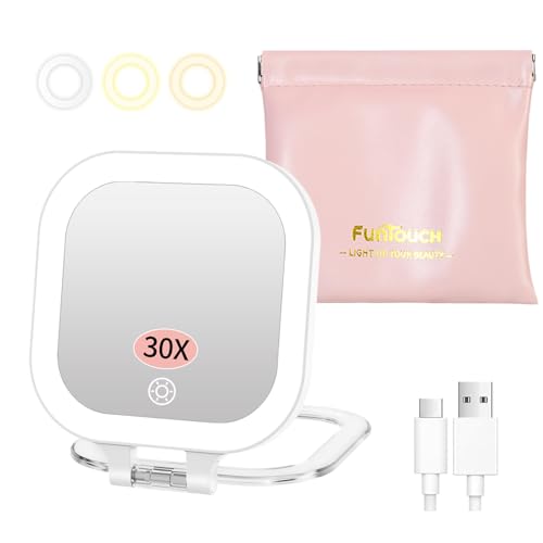 FUNTOUCH White Travel Makeup Mirror with Lights, Compact & Rechargeable