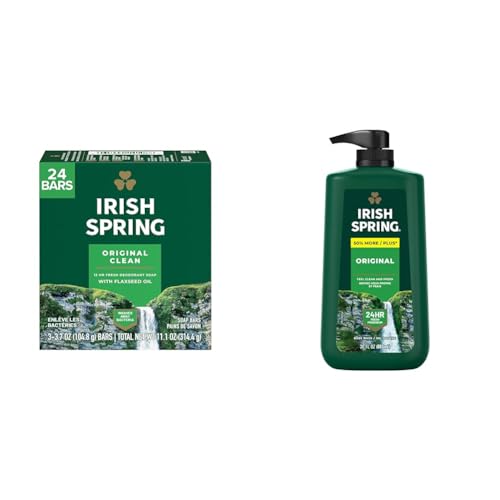 Irish Spring Bar Soap for Men Original Clean 3 Count Pack of 8 and Body Wash Pump Original Clean 30 Oz