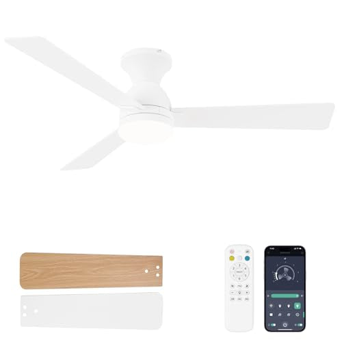 48-Inch White Flush Mount Ceiling Fan with Lights and Remote Control