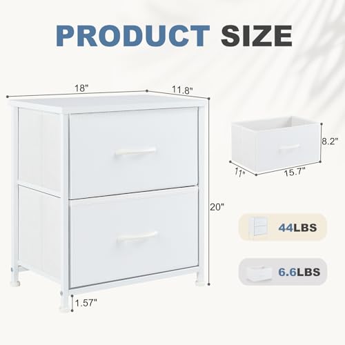 White Nightstand with 2 Drawers - Small Bedside Table, 11.8 x 18 x 20 Inches - Classic Style