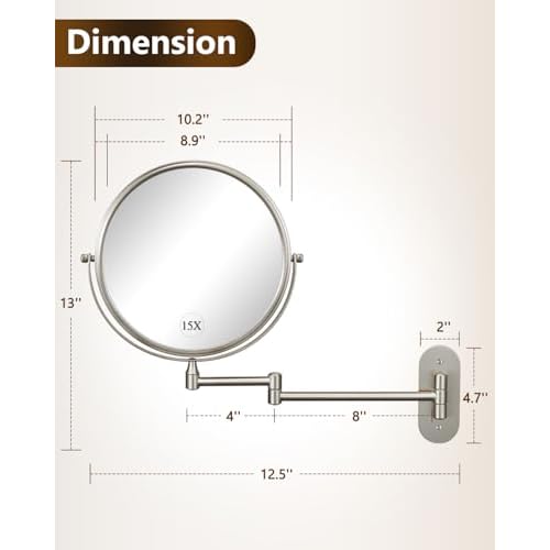 DECLUTTR 9 Inch Wall Mounted Makeup Mirror, 15X Magnification Double Sided Swivel Extendable Bathroom Mirror