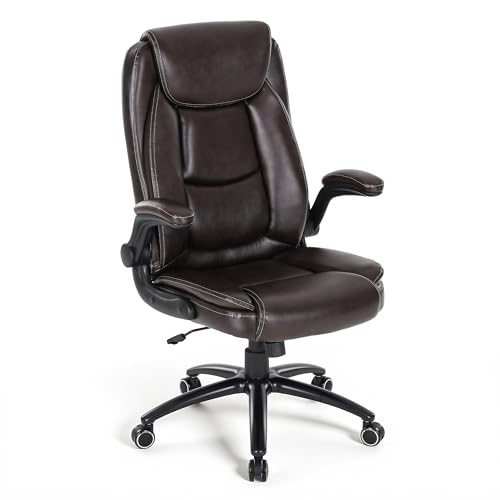 Brown Executive Desk Chair 300lbs Capacity with Ergonomic Lumbar Support, Flip-up Arms & High Back for Home Office
