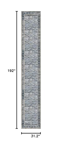KUTA Vintage Washable Hallway Runner Rug 2.6x16 Feet Blue Grey Beige - Non-Slip, Durable, Kid & Pet Friendly