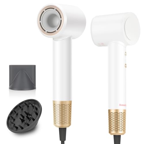 White Ionic Hair Dryer with Diffuser, Compact & Lightweight, 110V, For All Hair Types - Homdigrk C05