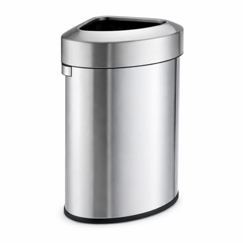 Commercial 16-Gallon Stainless Steel Trash Can with Open Top Lid - Brushed Silver, Triangular