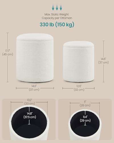 Vanity Stool Set of 2 - Round Storage Ottoman with Teddy Fleece, White Variation