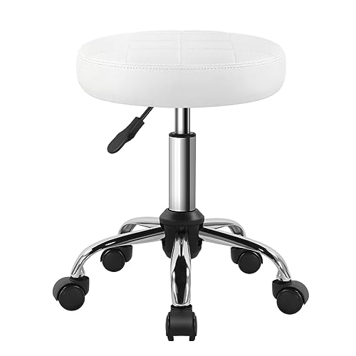 White Classic Swivel Stool with Wheel for Salon Work Home SPA Shop Height-Adjustable and Cost-Effective Rolling Stool Chair Small