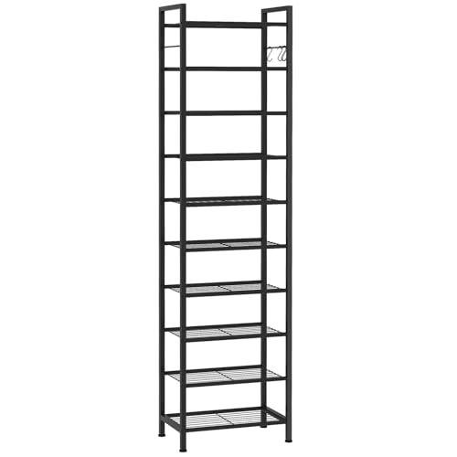 Usikey 10-Tier Narrow Metal Shoe Rack - 17.9 x 11 x 69.2 Inches Black, Space-Saving Vertical Shoe Organizer with Hooks