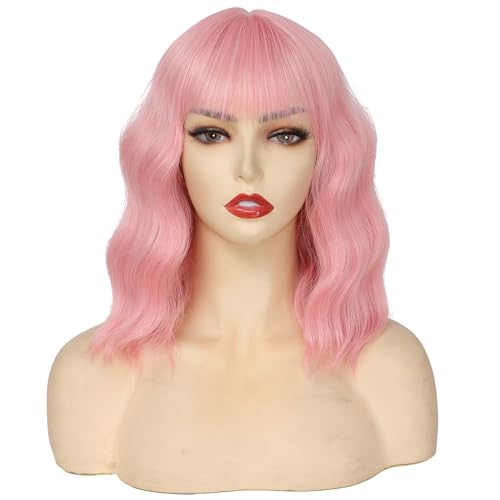 Pink Wavy Bob Wig for Women Short Pastel Curly with Bangs - Cosplay & Party Wig - Variation Pink