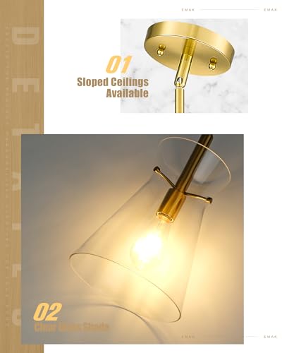 EMAK 9-Inch Modern Pendant Light with Clear Glass Shade - Brushed Gold, Adjustable Height, Kitchen Island Lighting - Variation of Brushed Gold / 1