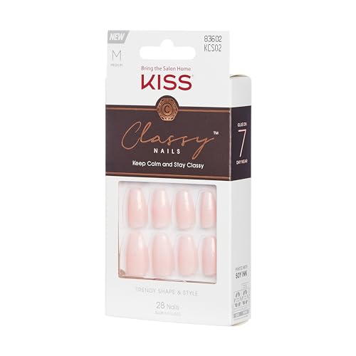 KISS Classy French Nail Manicure Kit with Gel Finish,Medium,Coffin Shaped,Includes Pink Nail Glue (Net Wt. 2 g / 0.07oz.),Mini Nail File,Manicure Stick, 28 Fake Nails,Cozy Meets Cute,28 Count