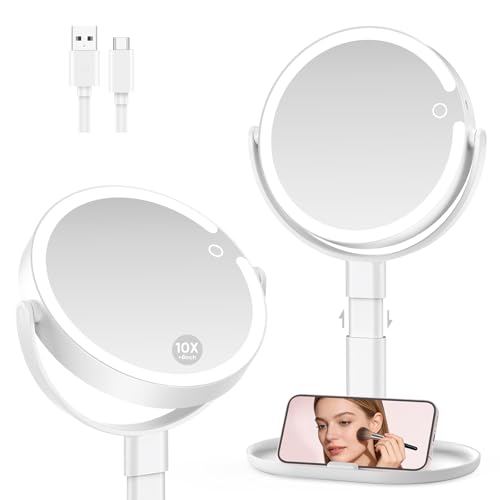 Lighted Makeup Mirror with 10X Magnification, Rechargeable LED Magnifying Vanity Mirror with 3 Lights, Adjustable Height, Storage Base and Phone Holder, Gifts for Women, White, 8 inch