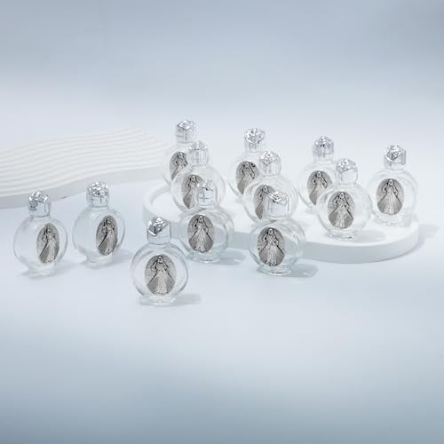 KOMI 12PCS Glass Holy Water Bottle 0.5 floz Mini Holy Water Container with Embossed Divine Mercy Jesus Christ Religious Empty Travel Bottle Church Catholic Gifts