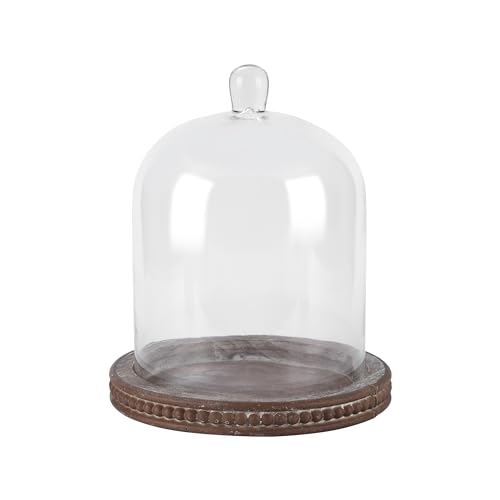 14-Inch Brown Beaded Wooden Base Glass Cloche - Farmhouse & Cottage Style Display