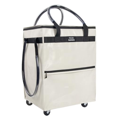 Beige Medium Reusable Grocery Bag on Wheels Folding Rolling Tote - Durable & Spacious