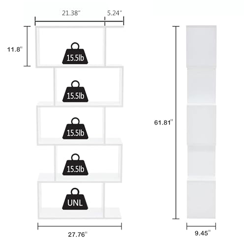 White 5-Tier Geometric Bookcase with Modern Design, 27.8W x 9.5D x 61.8H Shelf